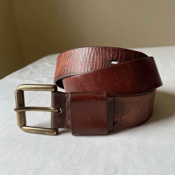 Vintage 90sโ Brown Leather Belt with Heavy Brass Roller Buckle Worn In Casual 34 - Picture 9 of 9